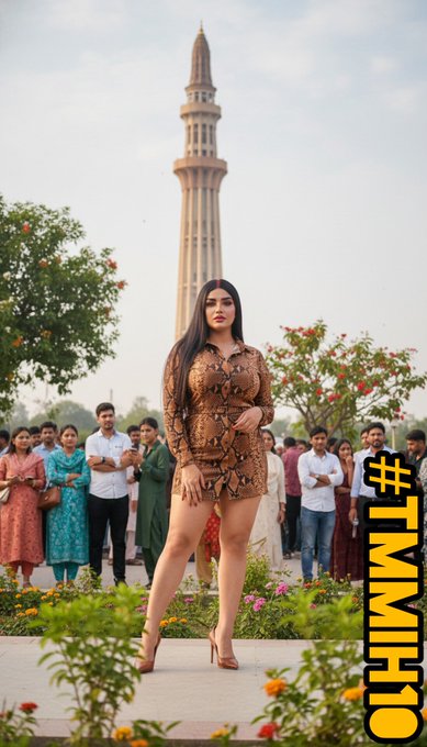 A woman in a snakeskin-patterned outfit stands in a garden in front of the Qutub Minar tower in Delhi, with a crowd watching behind her and a #TMIHT0 watermark on the right.