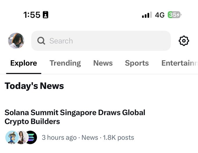 Twitter/X mobile interface showing the Explore tab with a trending news post titled 'Solana Summit Singapore Draws Global Crypto Builders' posted 3 hours ago with 1.8K posts.