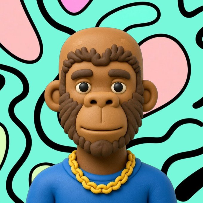 A 3D-rendered character resembling a clay or plasticine monkey figure with brown fur, wearing a blue shirt and yellow chain necklace, set against a colorful abstract background.