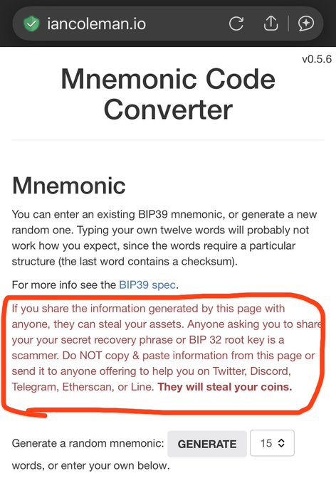 Screenshot of the iancoleman.io Mnemonic Code Converter website, with a red warning that sharing the generated info means anyone can steal your assets and that scammers will ask for your secret recovery phrase or BIP 32 root key.