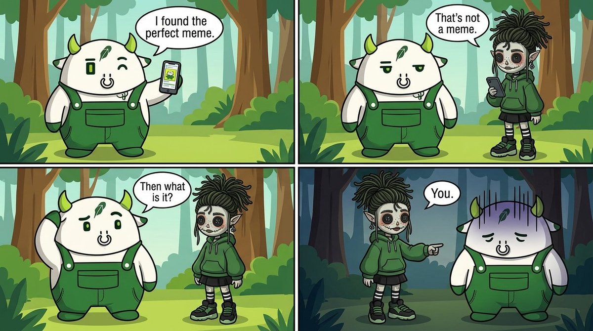 Four-panel cartoon meme in a forest setting: a green creature in overalls shows a phone saying 'I found the perfect meme,' a gothic girl responds 'That's not a meme,' the creature asks 'Then what is it?,' and she points saying 'You.'