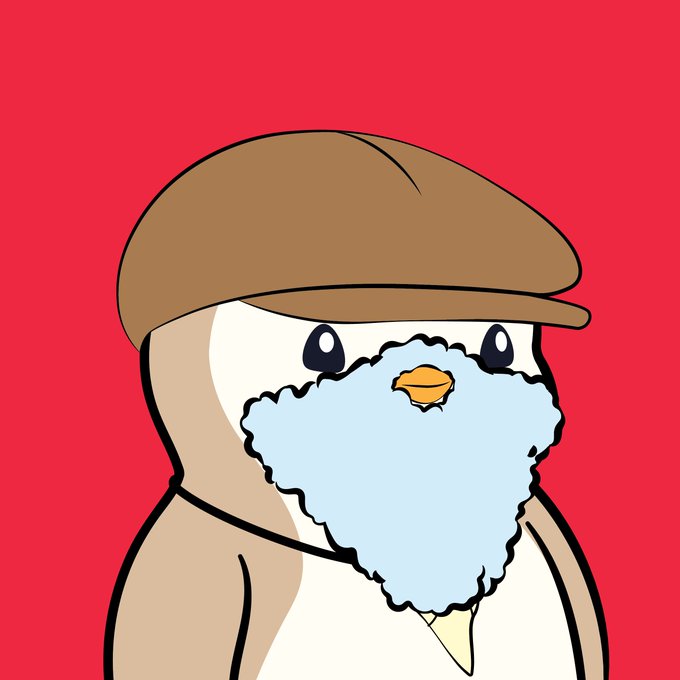 An illustration of a sad-looking penguin character wearing a brown flat cap, with a fluffy light blue chin/beard and orange beak, set against a solid red background.