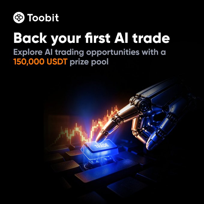 A promotional image from Toobit featuring a robotic hand pressing a "TRADE" button with an AI-themed trading chart, advertising an AI trading campaign with a "150,000 USDT prize pool." The futuristic visual of a mechanical hand executing trades directly illustrates the post's message about AI-powered crypto trading opportunities.