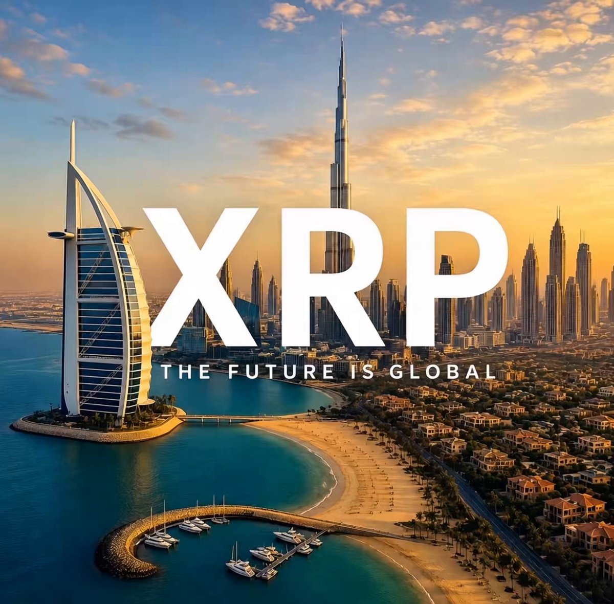 The image features an aerial view of a city with a large building, possibly a hotel or a skyscraper, situated near the ocean. The text "XRP" is prominently displayed above the scene, indicating that the city is embracing cryptocurrency innovation. This could be a worldwide phenomenon, as suggested by the caption provided. The city's skyline and the presence of boats in the water further emphasize the connection between technology and urban development.