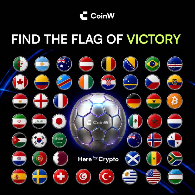 The image is a CoinW promotional graphic titled "FIND THE FLAG OF VICTORY," featuring a soccer ball branded with the CoinW logo at the center surrounded by a grid of circular country flags, including those of Algeria, Argentina, Australia, Austria, Belgium, Bosnia and Herzegovina, Brazil, Cape Verde, Canada, Colombia, DR Congo, Côte d'Ivoire, Croatia, Curaçao, Chile, Ecuador, Egypt, England, France, Germany, Ghana, Bitcoin, Iran, Iraq, Japan, Mexico, Morocco, Netherlands, Palestine, Philippines, Portugal, Saudi Arabia, South Korea, Paraguay, Portugal, Qatar, Qatar, Scotland, Norway, Panama, India, Spain, Sweden, Switzerland, Tunisia, Turkey, Uruguay, USA, and Uzbekistan, with the tagline "Here for Crypto."

The image relates to the post by presenting an interactive crypto giveaway where users must identify the correct country flag to win USDT, encouraging engagement through comments with their country name and UID.