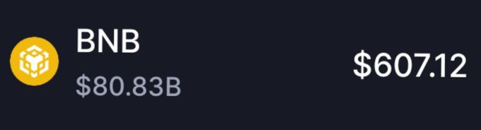 A cryptocurrency price display showing BNB at $607.12 with a market cap of $80.83B.