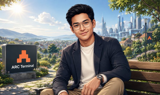 An AI-generated illustration of a young man with glasses wearing a dark blazer and white t-shirt, sitting on a bench in a park with a futuristic city in the background, next to a sign reading 'ARC Terminal'.