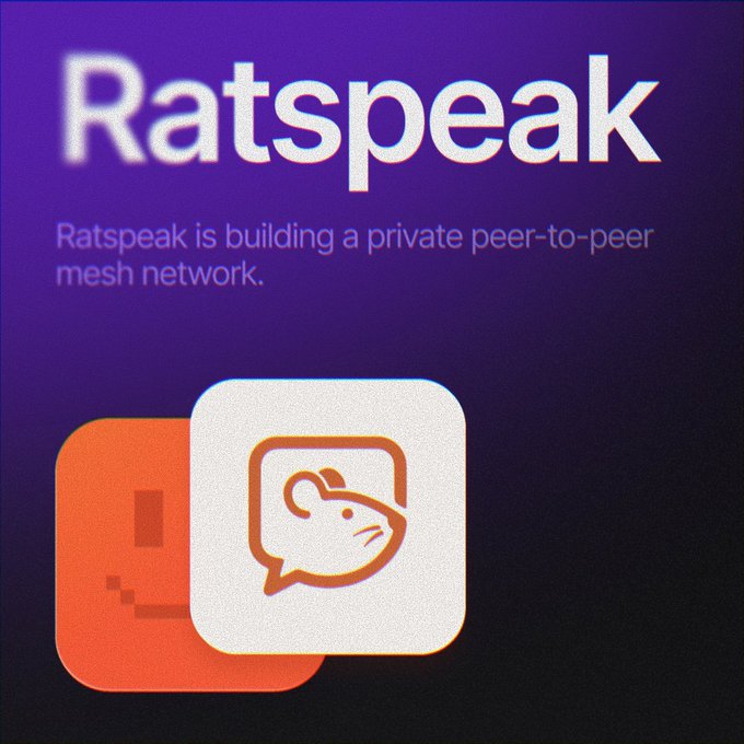 A promotional graphic for 'Ratspeak' on a purple gradient background, describing it as building 'a private peer-to-peer mesh network' with an app icon featuring a hamster in a speech bubble.
