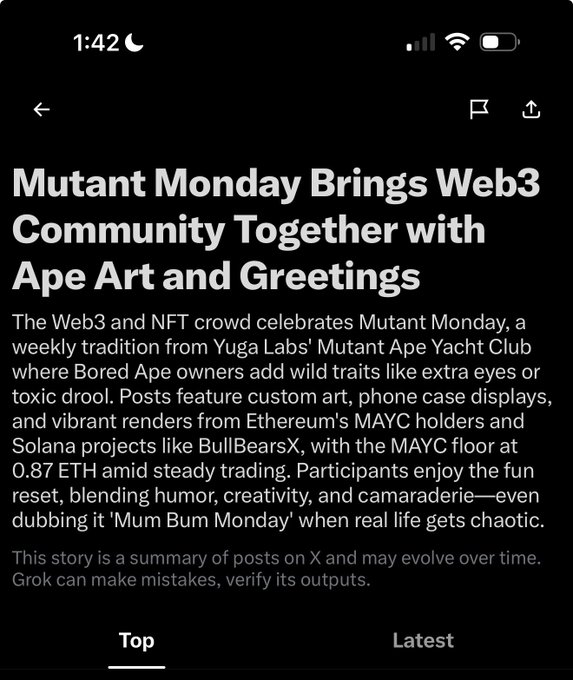 A news article titled 'Mutant Monday Brings Web3 Community Together with Ape Art and Greetings' discussing Yuga Labs' Mutant Ape Yacht Club tradition, with the MAYC floor at 0.87 ETH.