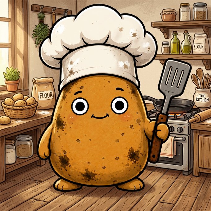 A cute cartoon illustration of a dirty potato character wearing a chef's hat and holding a spatula, standing in a rustic kitchen with flour bags and various cooking items.