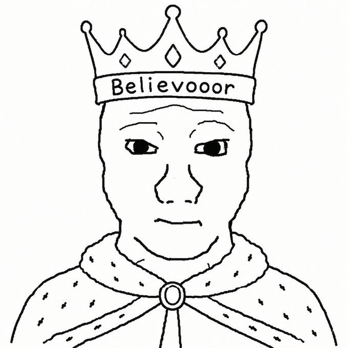 A simple black-and-white line drawing of a solemn figure wearing a crown labeled 'Believooor' and a fur-trimmed cloak.