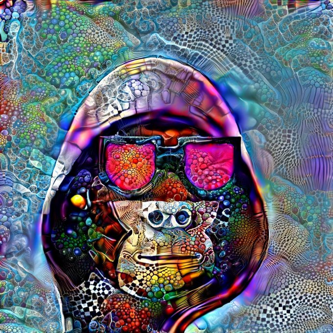 A vibrant, psychedelic AI-generated image featuring a distorted face with sunglasses, with the lenses reflecting colorful patterns and the word 'HOPE' visible in the design.