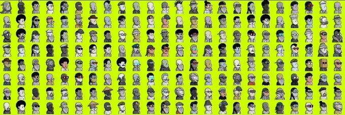 A grid of hundreds of small cartoonish "NPC" pixel characters on a neon green background, used as a giveaway graphic to promote 50 guaranteed spots in the NPCs in the Hood collection via Robinhood App.