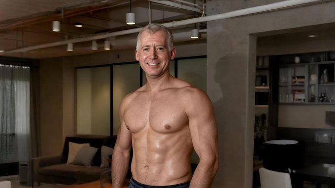 A shirtless, muscular older man with short gray hair smiles while standing in a modern apartment interior.