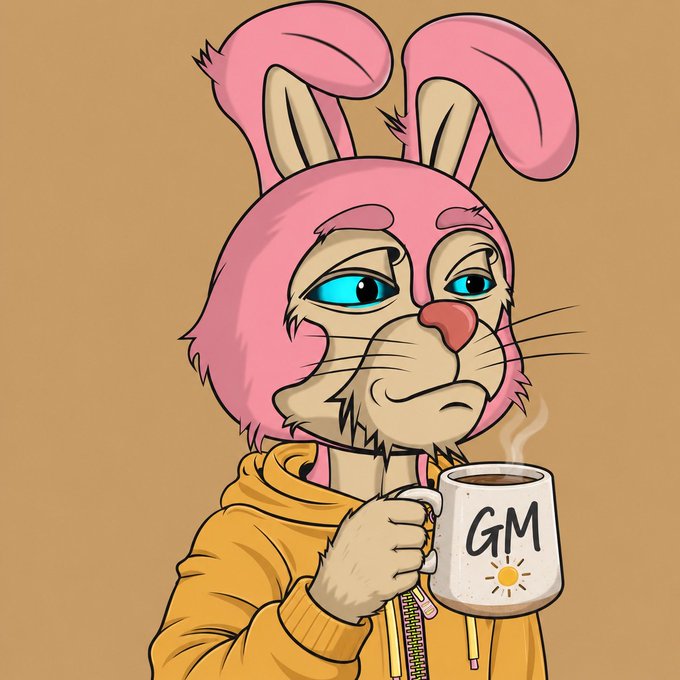 A cartoon rabbit character with blue eyes wearing a pink bunny-eared hat and yellow hoodie, holding a white mug with 'GM' and a sun design printed on it.