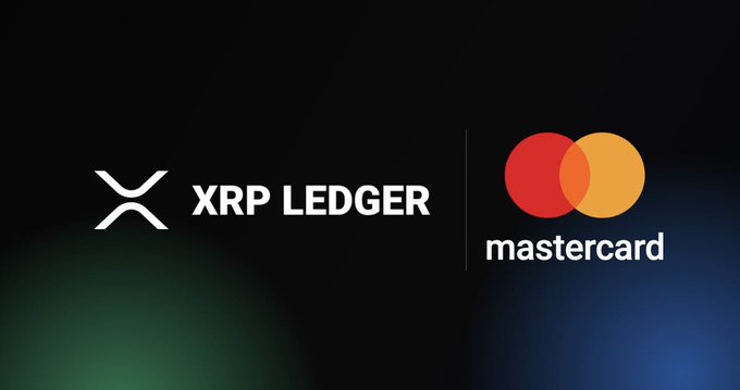 The image features a black background with two logos - one for Mastercard and another for XRP Ledger. The Mastercard logo displays a red circle, while the XRP Ledger logo shows an orange circle. The text "TODAY: Mastercard announced their integration of the XRP ledger for cross border payment transactions." is written below these logos.