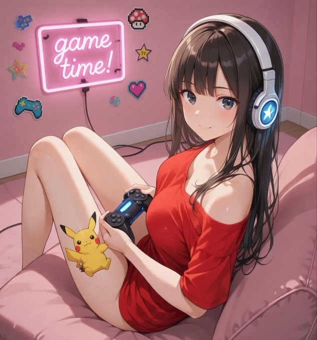 The image shows an anime-style girl in a red dress wearing headphones and holding a PlayStation controller while reclining on a bed, with a small Pikachu character beside her and a neon "game time!" sign on the wall.

**Note on the disconnect:** The image does not actually relate to the accompanying post about liquidity infrastructure or Renaissance XYZ. The post discusses crypto/real-world collectible infrastructure, while the image depicts a casual gaming/anime scene—likely posted as a generic or unrelated visual that doesn't match the topic.