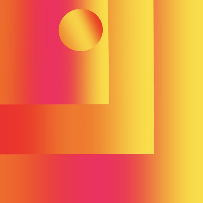 An abstract graphic design featuring overlapping geometric shapes, including a circle, in a vibrant gradient of red, orange, and yellow.