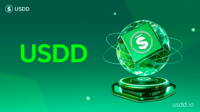 Digital advertisement featuring 'USDD' branding in bright green text alongside a glowing green geometric sphere on a pedestal.