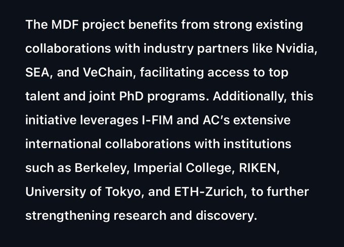 A text excerpt discussing the MDF project's collaborations with Nvidia, SEA, and VeChain, as well as international partnerships with institutions like Berkeley, Imperial College, RIKEN, University of Tokyo, and ETH-Zurich.