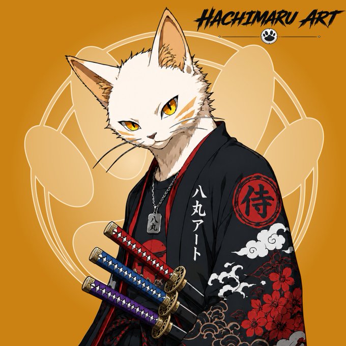 Anime-style artwork labeled 'HACHIMARU ART' depicting a white cat-headed character wearing a black kimono adorned with red floral patterns and Japanese characters, wielding three katanas against a yellow background.