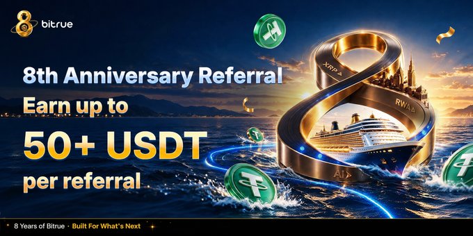 The image is a promotional banner for Bitrue's 8th Anniversary Referral Event, featuring a golden infinity-shaped ribbon, a luxury cruise ship, and floating USDT coins against a sunset seascape, with text highlighting "50+ USDT per referral." It visually reinforces the post's message of celebrating 8 years by inviting users to refer friends and earn rewards from an 18,888 USDT prize pool.