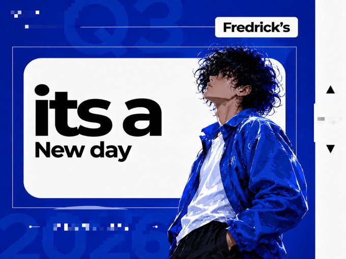 A blue graphic with the text 'its a New day' and '2026' featuring a young man in a blue jacket with curly hair, branded with 'Fredrick's' in the top right.