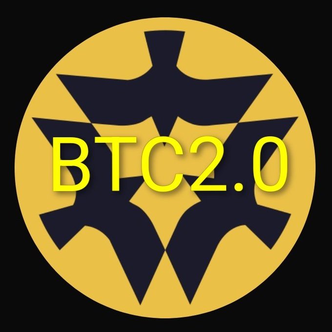 The image features a yellow circular emblem containing a dark stylized bird silhouette, with the text "BTC2.0" displayed prominently in yellow across the center. While the post playfully equates CAW and SHIB tokens, the image actually depicts a generic bird/raven logo promoting BTC2.0 branding rather than anything specific to CAW or Shiba Inu.