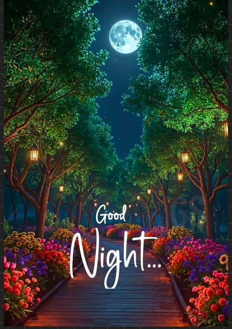 The image features a beautiful night scene with a pathway lined with flowers, leading towards a full moon above. The caption reads "Goodnight everyone See y'all tomorrow. GN to all my favourites projects: @TheARCTERMINAL , @NomismaNetwork , @useTria , @sleepagotchi and @NucleusCodes".