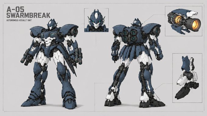 A concept design sheet showcases the "A-05 SWARMBREAK," an autonomous assault unit mech, displayed in front, rear, and head views alongside detail close-ups of its weapon and arm components. The blue and white armored robot features a humanoid design with visible mechanical joints and thruster systems, fitting the "Design" theme as a detailed character/unit concept illustration.