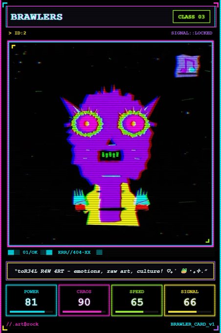 A pixelated, retro-styled "BRAWLER CARD_v1" displaying "CLASS 03" with stats POWER 81, CHAOS 90, SPEED 65, and SIGNAL 66, featuring a glitchy purple creature character and playful text reading "toR34L R4W 4RT - emotions, raw art, culture!" — illustrating the TCG card creation tool mentioned in the post.
