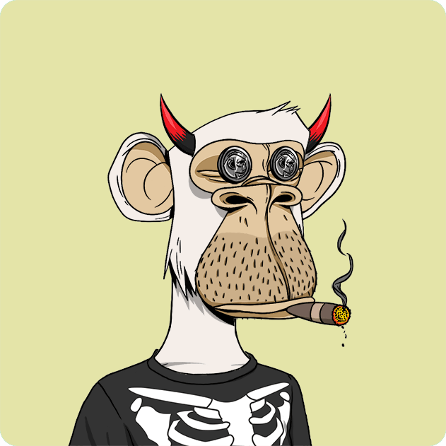A cartoon NFT-style illustration of a white monkey character with red devil horns, glasses reflecting images, wearing a black skeleton shirt, and smoking a cigar against a pale yellow background.