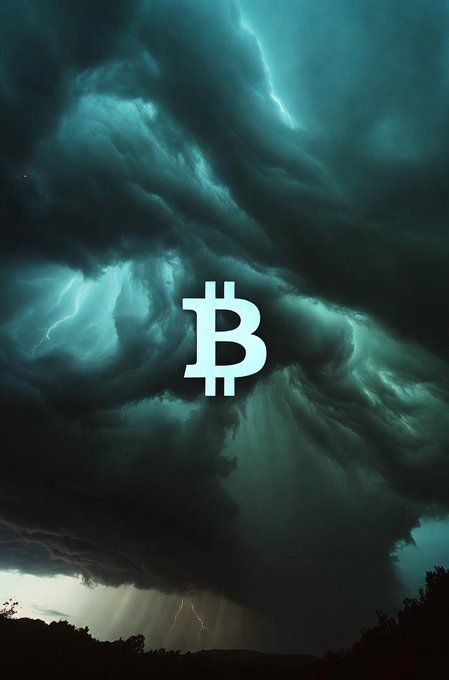 A dramatic stormy sky with lightning serves as the backdrop for the Bitcoin (₿) logo, symbolizing the market's tension before a major move. The image visually reinforces the caption's message of impending volatility breaking through a deceptive calm.