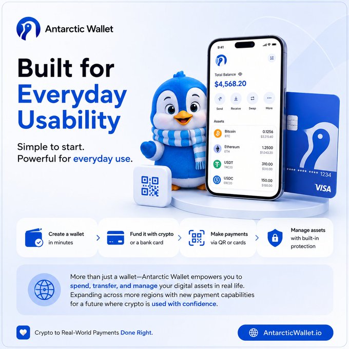 An advertisement for 'Antarctic Wallet' featuring a penguin mascot in winter gear, promoting crypto-to-real-world payments with a Visa card and a phone displaying a $4,568.20 balance including Bitcoin, Ethereum, USDT, and USDC.