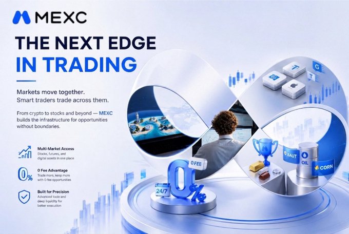MEXC advertisement titled "The Next Edge in Trading," promoting multi-market access to stocks, futures, and digital assets with 0 fee trading and built-for-precision liquidity.

The image illustrates MEXC's broad market offerings—including crypto, equities, and commodities like gold, oil, and corn—which directly supports the post's point about traders pivoting from crypto to stock futures to capitalize on earnings season volatility without being hindered by traditional brokerage fees or rigid trading hours.