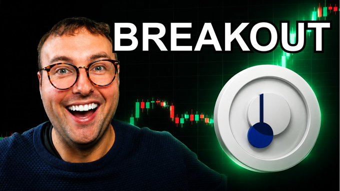 The image features a man wearing glasses, smiling at the camera with his arms outstretched. The background of the image is black, but there are some white elements that stand out, such as a clock and a dollar sign symbolizing currency. The text "BREAKOUT" is written in white above the man's head, while the words "IS $PENDLE ABOUT TO BREAKOUT?" are positioned below him. These elements suggest that the image might be related to an advertisement or promotional material for a cryptocurrency or financial service.