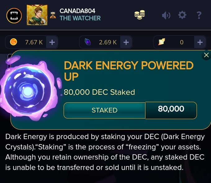 A Splinterlands game screenshot showing user 'CANADA804 THE WATCHER' with their Dark Energy Powered Up status at 80,000 DEC Staked, displaying 7.67K gold and 2.69K DEC balances.