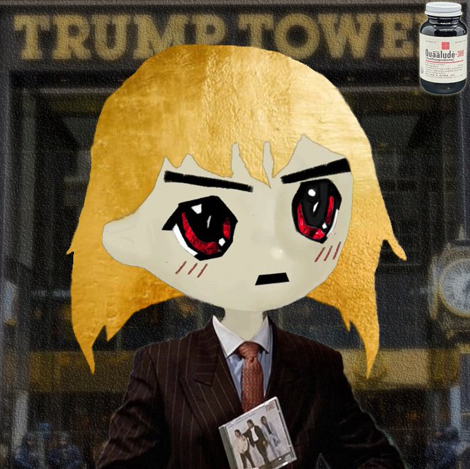 A photoshopped image showing a stylized anime character with blonde hair and a suited figure at 'TRUMP TOWER' holding a CD, with a Quaalude pill bottle floating in the corner.