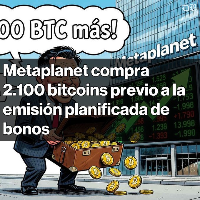 A cartoon illustration of a businessman carrying a briefcase overflowing with Bitcoin coins, with Spanish text reading 'Metaplanet compra 2.100 bitcoins previo a la emisión planificada de bonos' and a speech bubble exclaiming '00 BTC más!'.