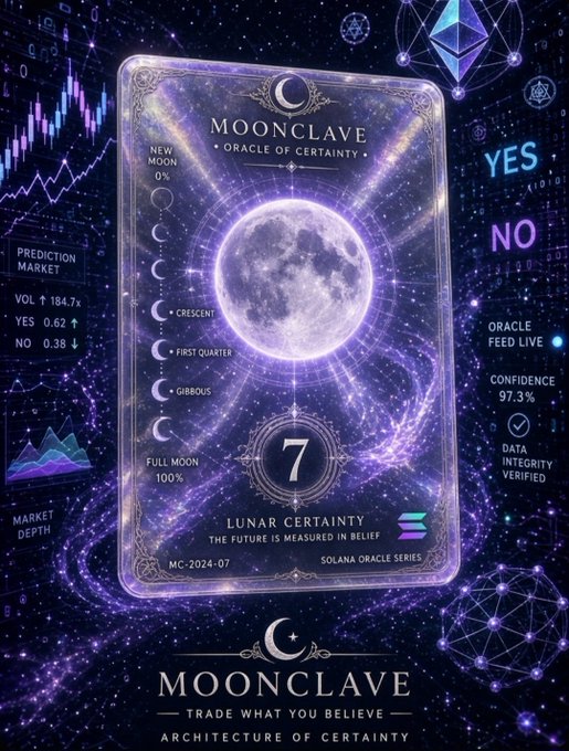 A glowing purple tarot-style card for "MOONCLAVE • ORACLE OF CERTAINTY," labeled "7 LUNAR CERTAINTY • THE FUTURE IS MEASURED IN BELIEF," with prediction market data showing YES 0.62 and NO 0.38, confidence at 97.3%, and Solana branding.