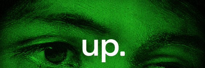 A close-up of an eye tinted green with the word "up." in bold white lowercase letters centered across the image, visually reinforcing the bullish $UP ticker and the post's thesis about owning the liquidity layer of Robinhood.