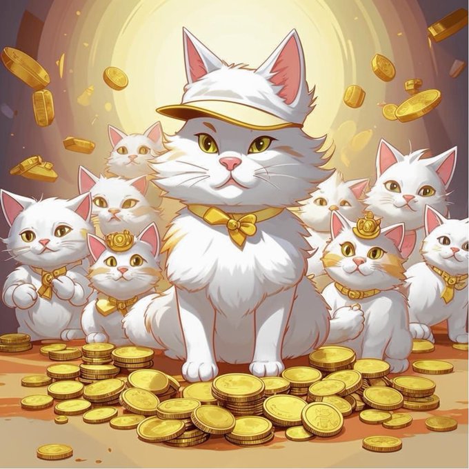 A group of white cats with gold accessories sitting on a pile of gold coins, with one larger cat in the center wearing a cap.