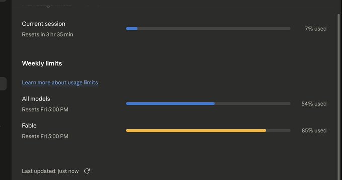The image displays a usage dashboard showing current session at "7% used" with 3 hours 35 minutes until reset, and weekly limits at "54% used" for all models and "85% used" for Fable, both resetting Friday 5:00 PM. This visualizes the bittersweet realization that despite heavy usage—especially on the Fable model at 85%—there's still a significant portion of the weekly limit remaining before the Friday reset, making the rush to max out tokens by tonight somewhat unnecessary.