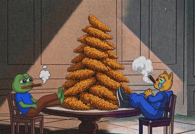 An animated cartoon depicts the characters Pepe the Frog and a crying orange cat sitting at a table with a massive, pyramid-shaped stack of fried chicken between them, both smoking cigars.