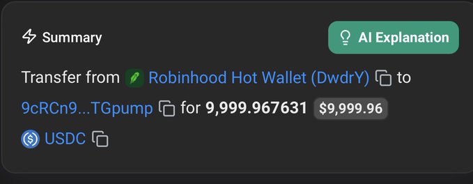 A blockchain transaction summary shows a transfer of 9,999.967631 USDC (approximately $9,999.96) from a Robinhood Hot Wallet (Dwdry) to an address beginning with 9cRCn9...TGpump. This aligns with the post suggesting someone mistakenly sent $10,000 worth of USDC to an $ansem-associated wallet address (TGpump) instead of using it to purchase the token.