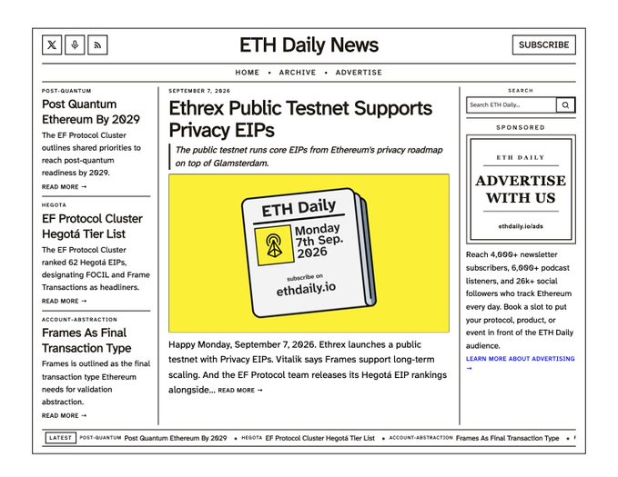 An ETH Daily News webpage article from September 7, 2026 titled 'Ethrex Public Testnet Supports Privacy EIPs' discussing Ethereum's privacy roadmap.