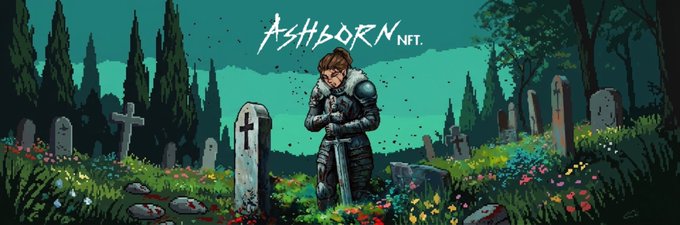 The image shows a pixel-art knight kneeling before a sword in a graveyard, with the text "ASHBORN NFT" displayed prominently above—serving as branding for the project's announcement that their wallet checker is now live, with mint details including a supply of 2,222 NFTs, a launch date of August 21st, and a price of 0.0016 ETH.