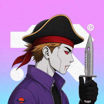 An illustrated profile of a pale, red-eyed pirate character wearing a black tricorn hat and purple coat while holding a serrated blade.