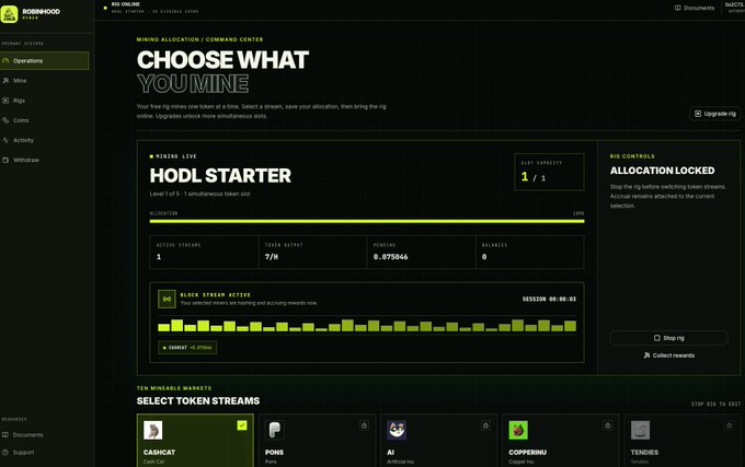 A dark-themed cryptocurrency mining dashboard from Robinhood Cloud showing a 'HODL STARTER' mining level with 1/1 capacity and various token stream options including CASHCAT, POKE, AX, and COPERNU.