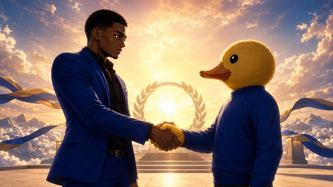 A 3D-rendered illustration depicts a man in a blue suit shaking hands with a person wearing a large yellow duck head mask against a dramatic sunset sky.